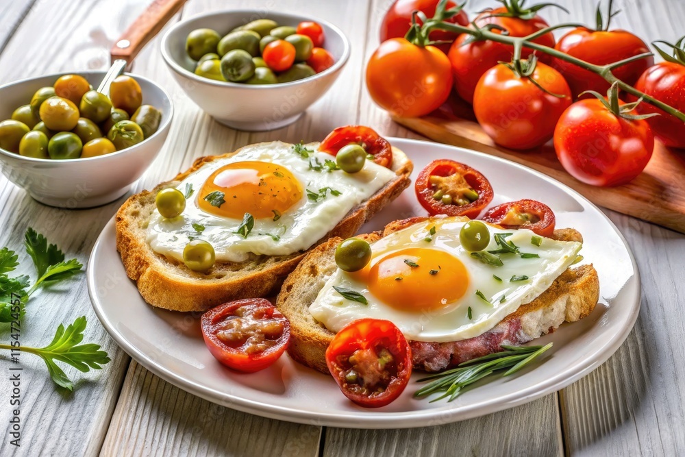 Enjoy a sunny Mediterranean breakfast featuring pan con tomate, pancetta, olives, and perfectly cooked sunny-side-up eggs. Enjoy a sunny Mediterranean breakfast featuring pan con tomate, pancetta, olives, and perfectly cooked sunny-side-up eggs.