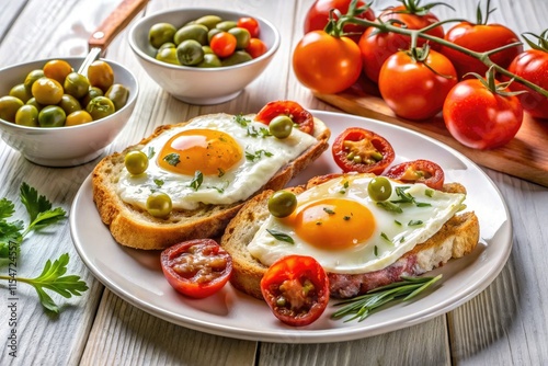 Wallpaper Mural Enjoy a sunny Mediterranean breakfast featuring pan con tomate, pancetta, olives, and perfectly cooked sunny-side-up eggs. Torontodigital.ca