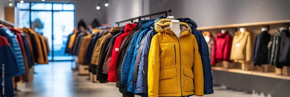 Obraz premium Elegant Boutique Display: Winter Coats and Jackets on Mannequins. Modern Retail Interior with Gray Walls, Concrete Floors, and Bright Lighting. Abstract Marketing Background for Fashion Advertising an