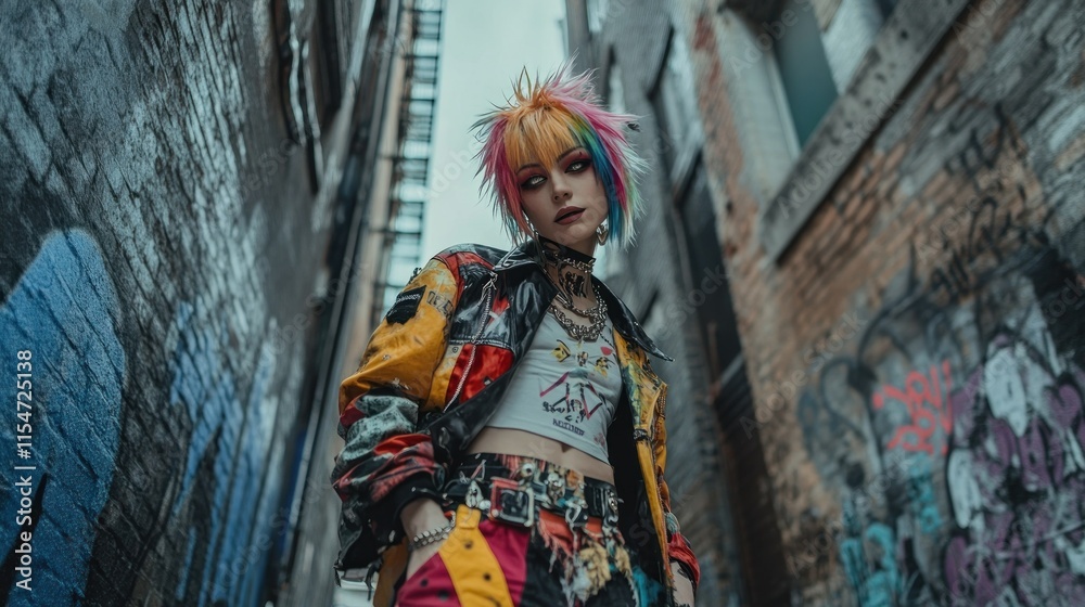 Fototapeta premium A female character with short, spiky rainbow hair, wearing street punk clothes standing in an alley, background wallpaper AI generated image
