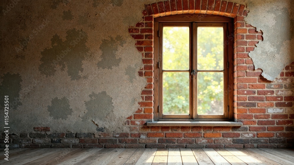 Fototapeta premium Rustic interior scene featuring a weathered brick wall, aged plaster, hardwood floor, and a vintage double-hung window offering a glimpse of sunlit greenery outside