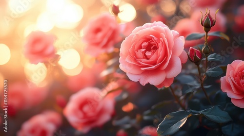 Soft pink roses in a sunlit garden.