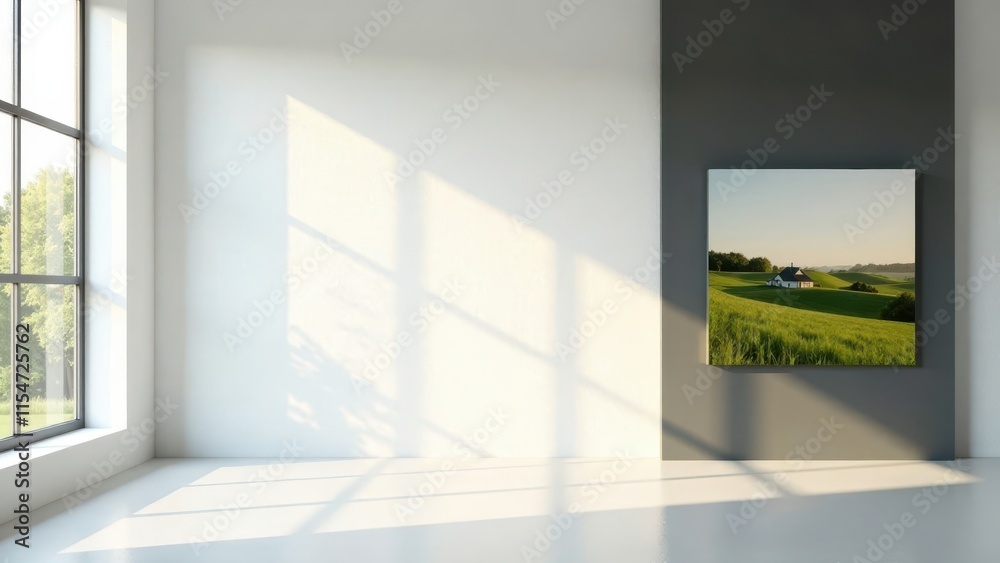 Serene Landscape Artwork in a Minimalist Interior Space Featuring a Farmhouse on a Rolling Green Hillside Under a Soft Light Serene Landscape Artwork in a Minimalist Interior Space Featuring a Farmhouse on a Rolling Green Hillside Under a Soft Light