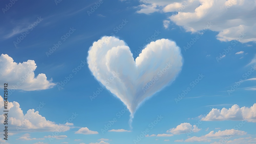 Fototapeta premium A heart-shaped cloud floating in a bright blue sky, holiday promo poster valentine day sale banner background, vibrant colors, romantic love and harmony