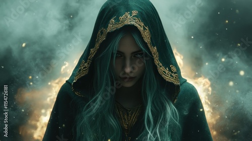 A mysterious witch princess in a dark green hooded robe stands at the edge of the portal and a mysterious gaze, background wallpaper AI generated image