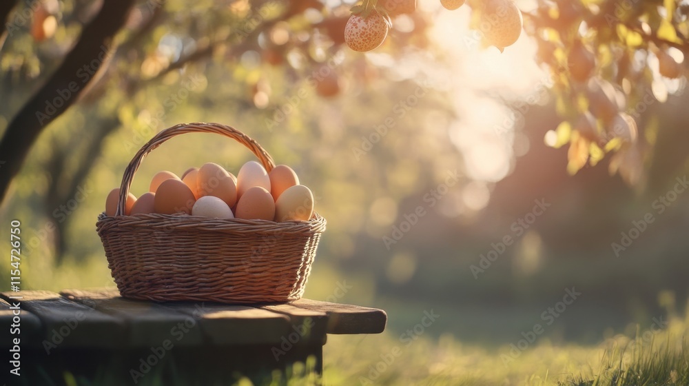 A wicker basket filled with Easter eggs, resting on a wooden table under the glow of the morning sun. A wicker basket filled with Easter eggs, resting on a wooden table under the glow of the morning sun.