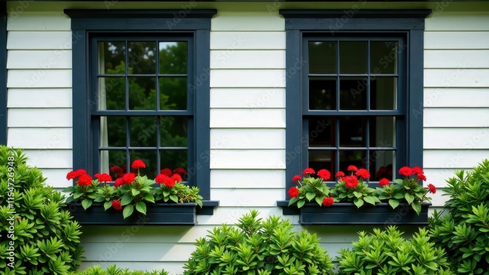 Naklejka premium Charming home exterior with double hung windows and vibrant red flowers in window boxes