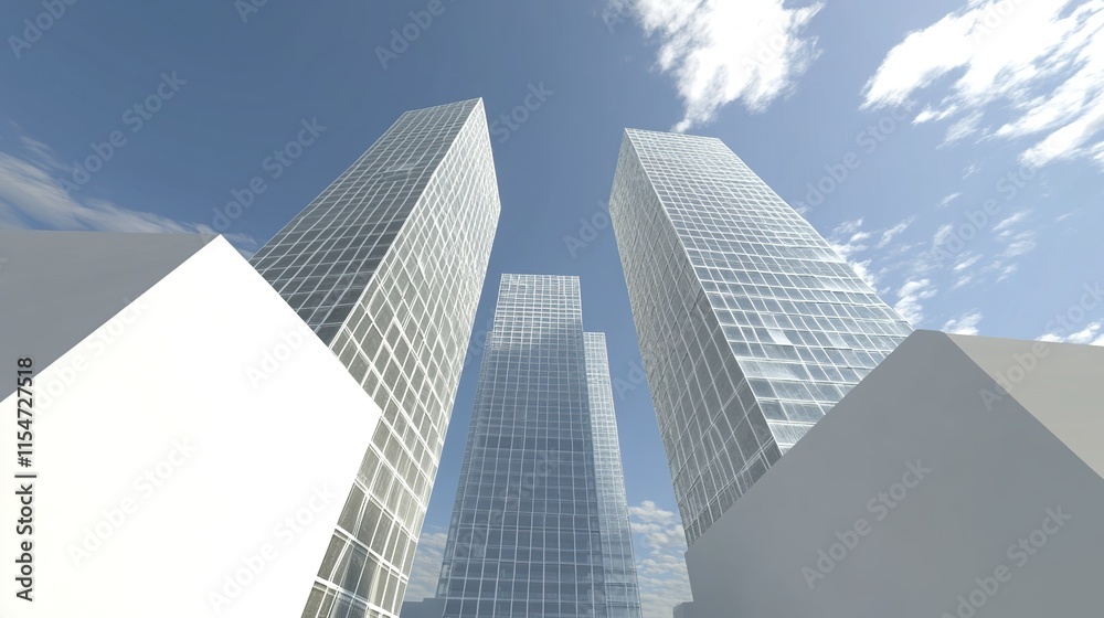 Futuristic Urban Landscape: Ground Perspective of Modern Skyscrapers with Glass Facades Under Blue Sky. High-Definition Cityscape Showcasing Realistic Shadows and Reflections. Abstract Marketing Backg Futuristic Urban Landscape: Ground Perspective of Modern Skyscrapers with Glass Facades Under Blue Sky. High-Definition Cityscape Showcasing Realistic Shadows and Reflections. Abstract Marketing Backg
