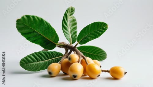 Tiny Golden Loquats with Green Leaves on a Neutral Background for Upscale Presentation photo