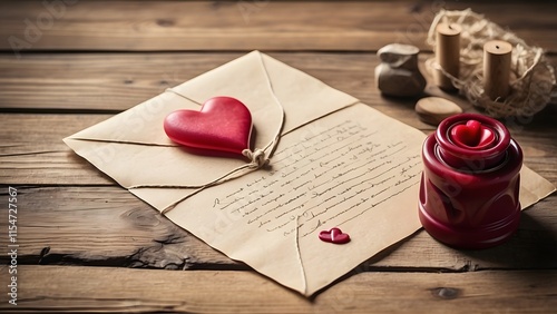 A love letter sealed with a wax heart stamp on a rustic wooden desk, holiday promo poster valentine day sale banner background, vibrant colors, romantic love and harmony photo