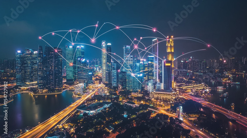 Wallpaper Mural Smart digital Innovation city with connection network reciprocity over the cityscape. of future smart wireless city and social media networking systems that connects business people with in city Torontodigital.ca