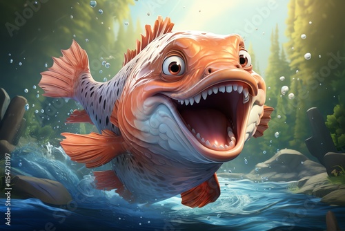 Happy cartoon fish leaping from water.