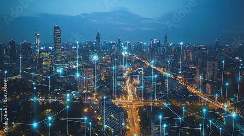 Wallpaper Mural Smart digital Innovation city with connection network reciprocity over the cityscape. of future smart wireless city and social media networking systems that connects business people with in city Torontodigital.ca