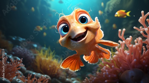 Happy cartoon fish swimming in vibrant coral reef.