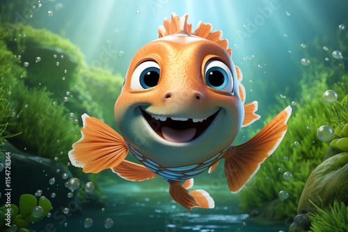 Happy cartoon fish swimming underwater.