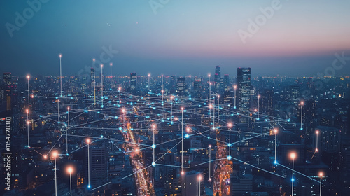 Wallpaper Mural Smart digital Innovation city with connection network reciprocity over the cityscape. of future smart wireless city and social media networking systems that connects business people with in city Torontodigital.ca