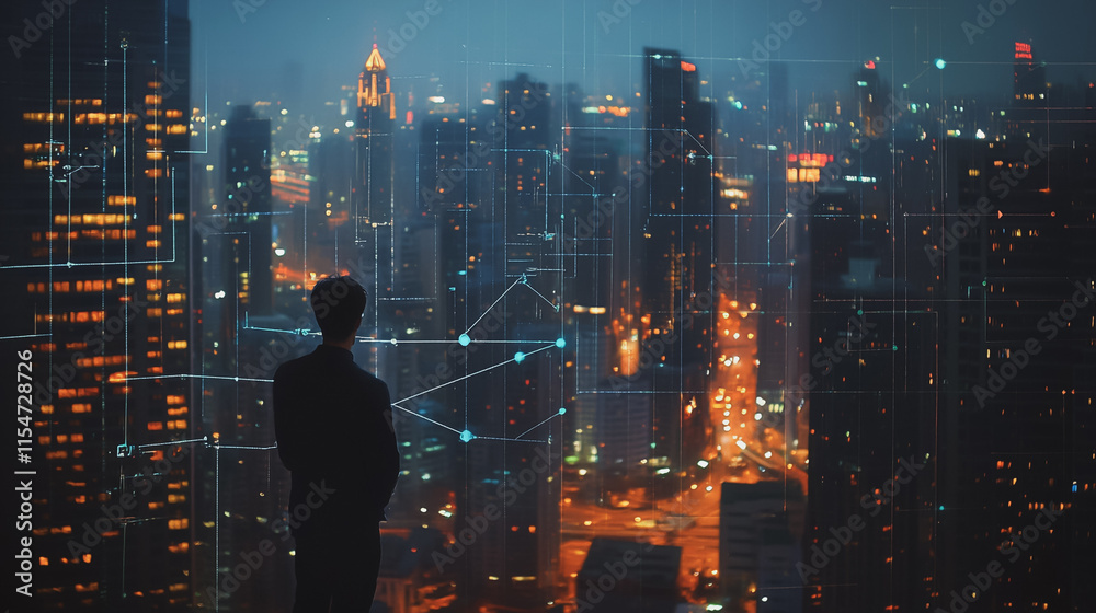 Smart digital Innovation city with connection network reciprocity over the cityscape. of future smart wireless city and social media networking systems that connects business people with in city