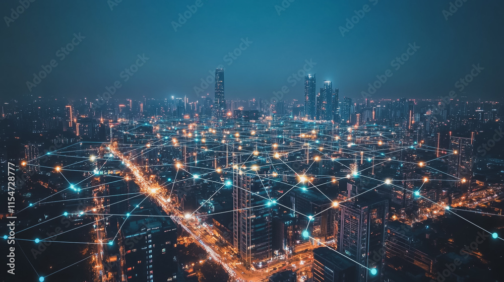 Fototapeta premium Smart digital Innovation city with connection network reciprocity over the cityscape. of future smart wireless city and social media networking systems that connects business people with in city