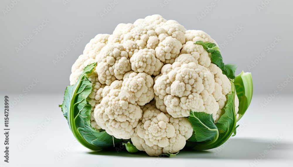 Fresh Cauliflower Head on White Background with Green Leaves and Soft Light for Culinary Use Fresh Cauliflower Head on White Background with Green Leaves and Soft Light for Culinary Use