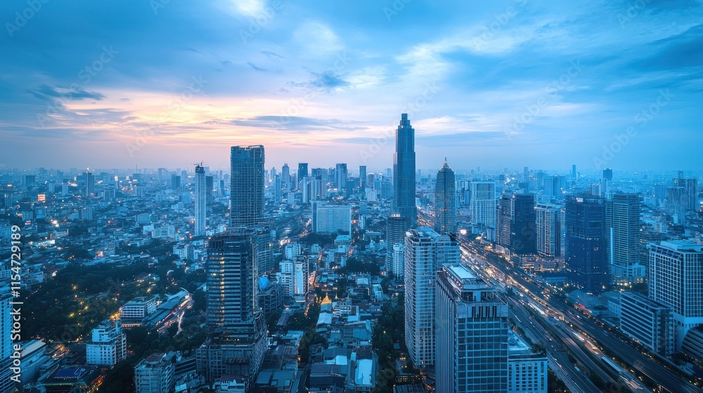 Fototapeta premium Cityscape at twilight, high-angle view.