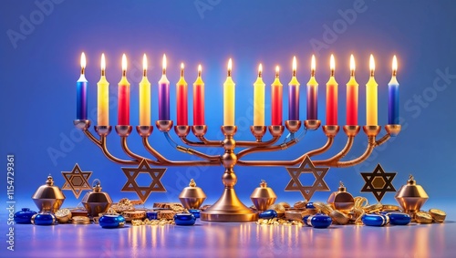 Hanukkah Celebration with Menorah and Ornaments in 3D photo