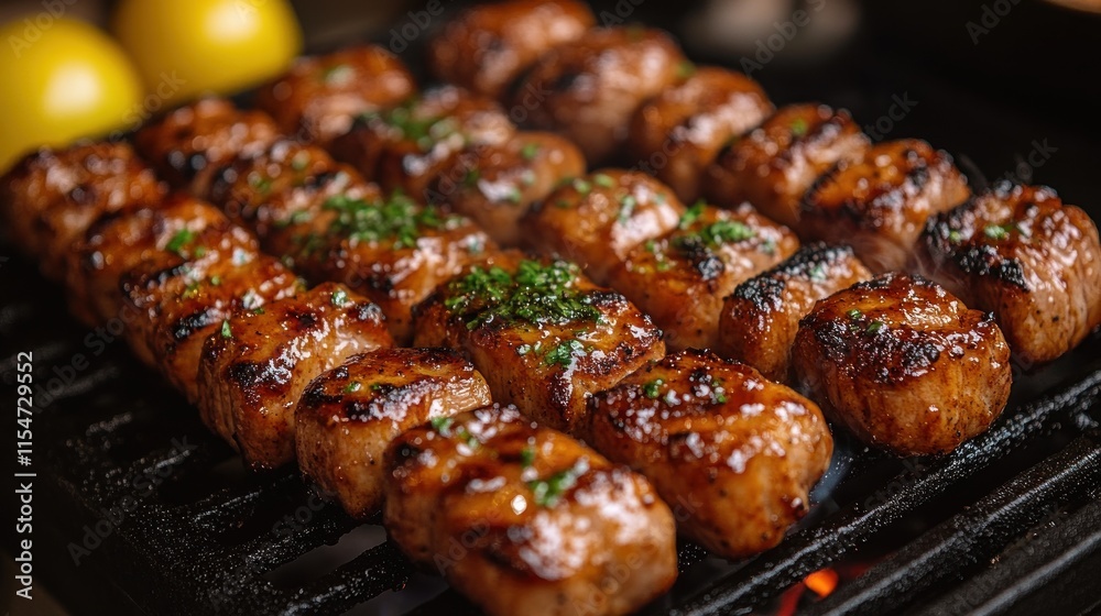 Grilled meat skewers garnished with herbs, showcasing a delicious culinary presentation. Grilled meat skewers garnished with herbs, showcasing a delicious culinary presentation.