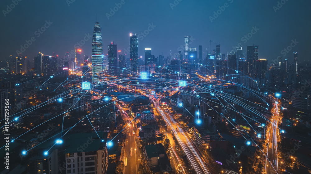 Fototapeta premium Smart digital Innovation city with connection network reciprocity over the cityscape. of future smart wireless city and social media networking systems that connects business people with in city