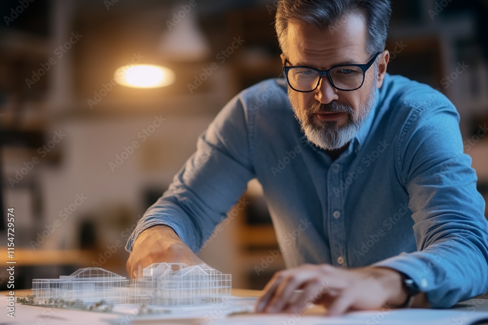 Architect working late at night on building model. Architect working late at night on building model.