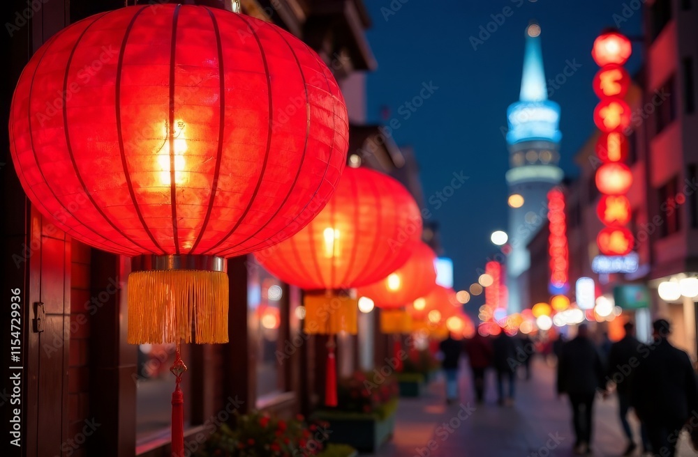 Obraz premium Red Chinese glowing lantern on the background of the night city at the New Year festival. Traditional decoration