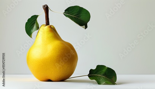 Vibrant Yellow Pear with Long Stem and Green Leaves on Minimalist Background photo