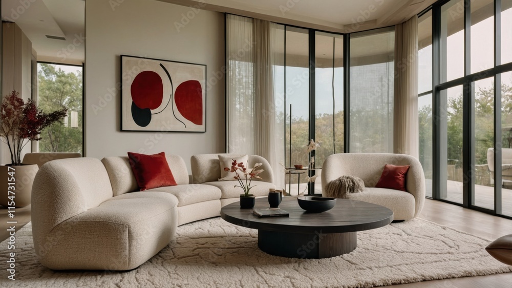 Fototapeta premium modern living room, panoramic windows, forest view, minimalist furniture, beige sofa, accent chair, round coffee table, red circular wall art, neutral color palette, natural light, cozy interior, cont
