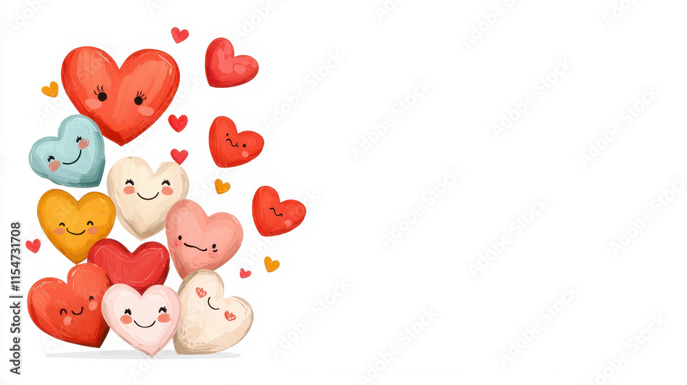 Obraz premium Valentine's heart fills with happiness concept. Happy hearts with smiling faces for Valentine Day