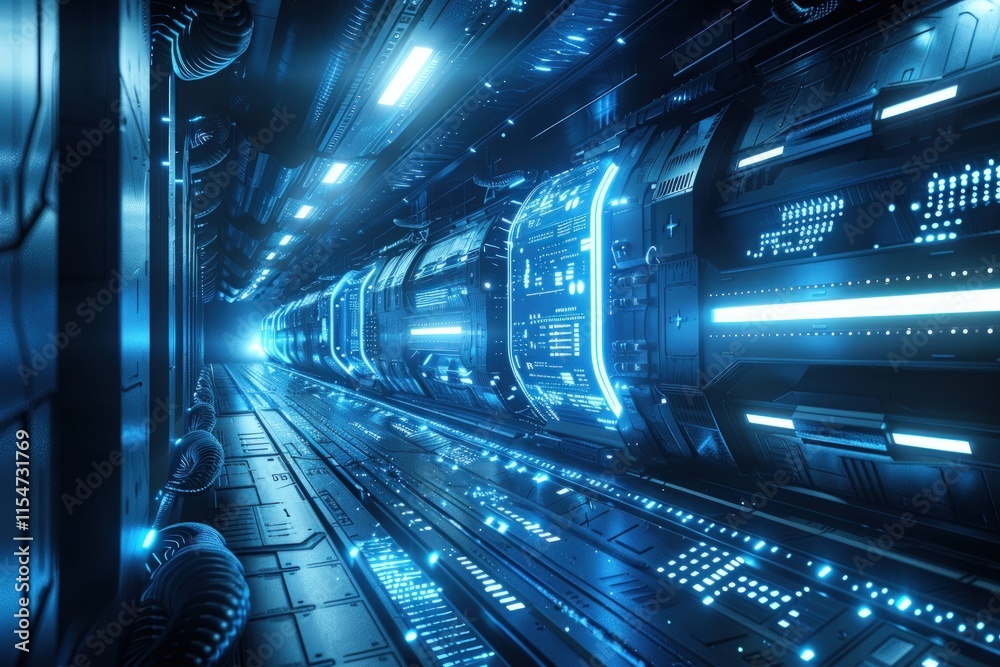 Futuristic blue neon lit spaceship corridor interior with glowing panels and technological details. Futuristic blue neon lit spaceship corridor interior with glowing panels and technological details.