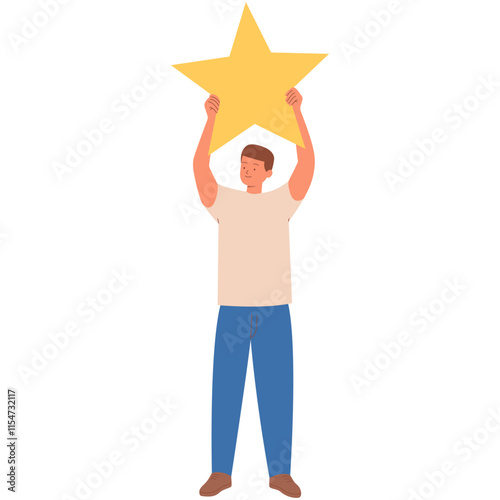 People Holding Star Character with Cartoon Design and Shape. Review Rating from Consumer. Vector Illustration
