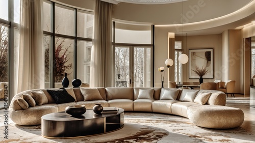 Luxurious modern living room, neutral color palette, large abstract art piece, curved sofas, round coffee table, floor-to-ceiling windows, minimalist decor, high-end interior design, soft lighting, te