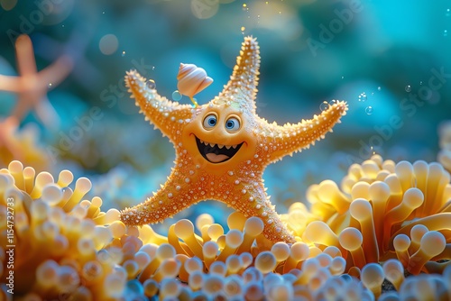 Happy cartoon starfish with seashell.