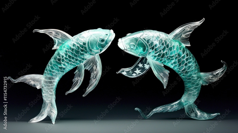 Fototapeta premium Intricate glass koi fish sculpture display art studio decorative art controlled lighting artistic perspective