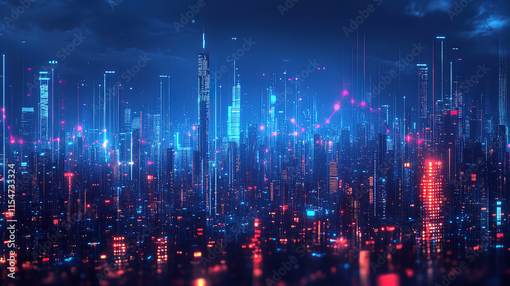 Financial Technology Trends in Blue Graphs Over Cyber Cityscapes Financial Technology Trends in Blue Graphs Over Cyber Cityscapes