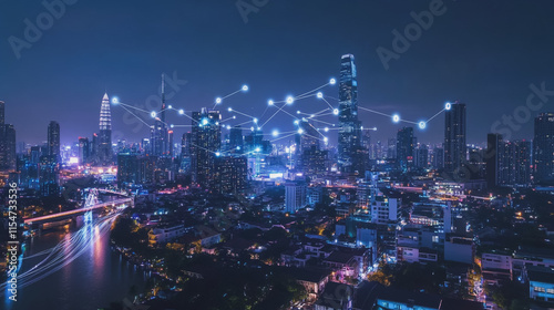 Wallpaper Mural Smart digital Innovation city with connection network reciprocity over the cityscape. of future smart wireless city and social media networking systems that connects business people with in city Torontodigital.ca