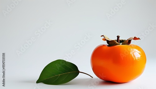 Vibrant Orange Persimmon with Leaf on Light Background for Upscale Stock Photography Needs photo