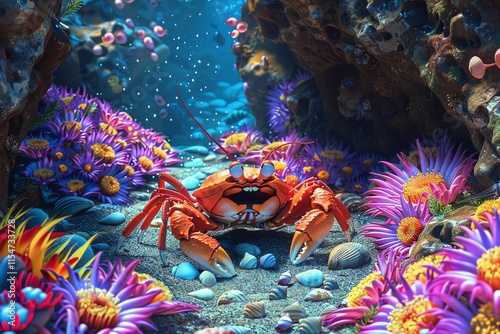 Happy crab in vibrant underwater scene.