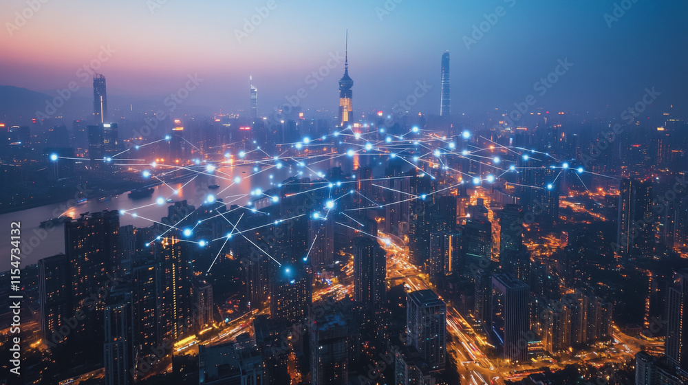 Obraz premium Smart digital Innovation city with connection network reciprocity over the cityscape. of future smart wireless city and social media networking systems that connects business people with in city