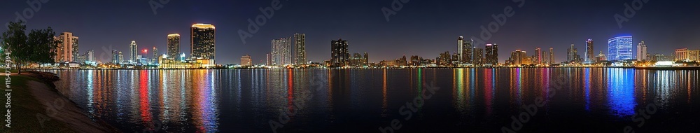 Vibrant New York City Skyline at Night: Illuminated Skyscrapers and Reflections on Water. Panoramic View of Manhattan Island Showcasing Urban Architecture and Cityscape for Modern Design and Marketing Vibrant New York City Skyline at Night: Illuminated Skyscrapers and Reflections on Water. Panoramic View of Manhattan Island Showcasing Urban Architecture and Cityscape for Modern Design and Marketing