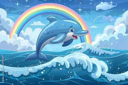 Happy dolphin leaping over ocean waves under rainbow.