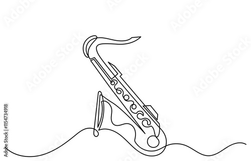 Continuous line drawing of saxophone vector illustration. One line-art saxophone musical instrument is isolated on a white background.