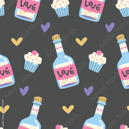 Seamless pattern with champagne bottle and sweet cupcakes. Ornament for celebrating Valentine's Day