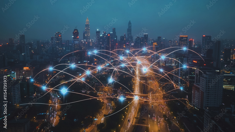 Smart digital Innovation city with connection network reciprocity over the cityscape. of future smart wireless city and social media networking systems that connects business people with in city Smart digital Innovation city with connection network reciprocity over the cityscape. of future smart wireless city and social media networking systems that connects business people with in city