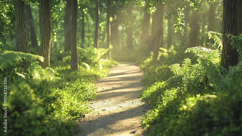 Fototapeta premium Sunlit Forest Path with Dappled Shadows and Vibrant Greenery