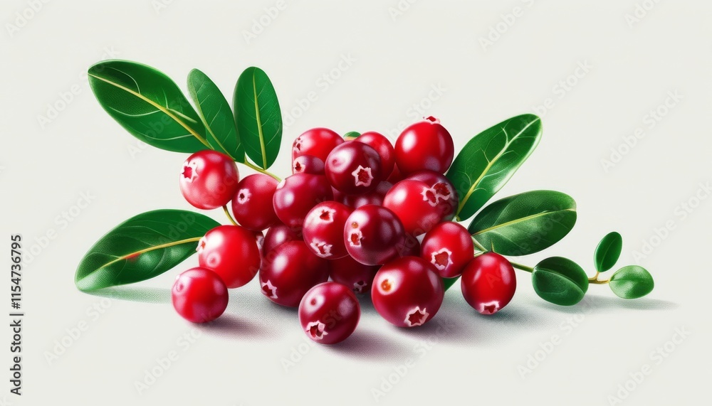 Fresh Red Cranberries Cluster with Green Leaves on Light Background for Upscale Presentation Fresh Red Cranberries Cluster with Green Leaves on Light Background for Upscale Presentation