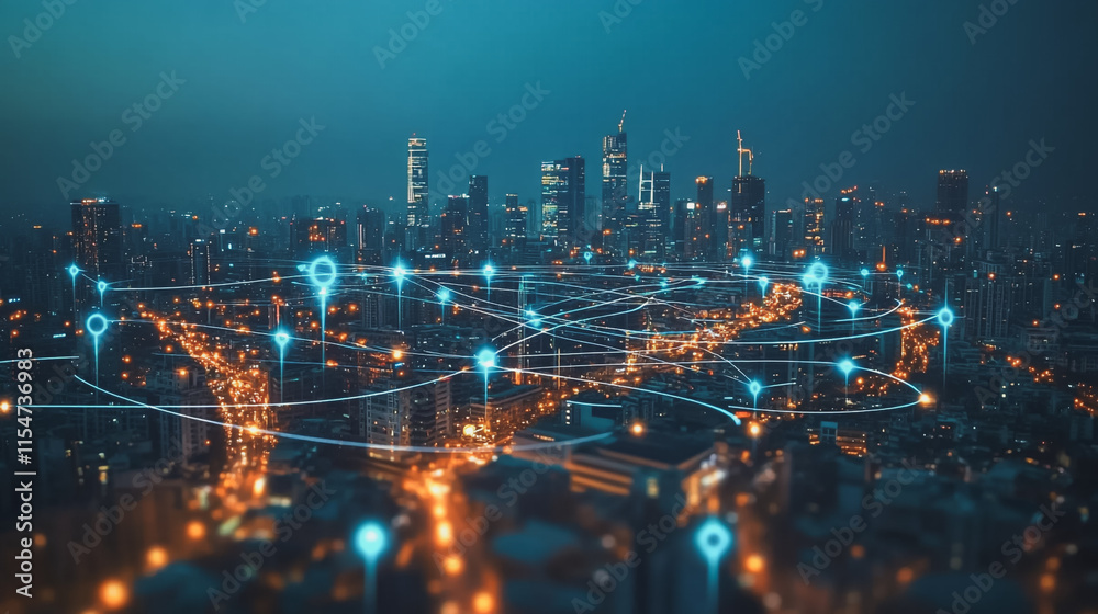 custom made wallpaper toronto digitalSmart digital Innovation city with connection network reciprocity over the cityscape. of future smart wireless city and social media networking systems that connects business people with in city